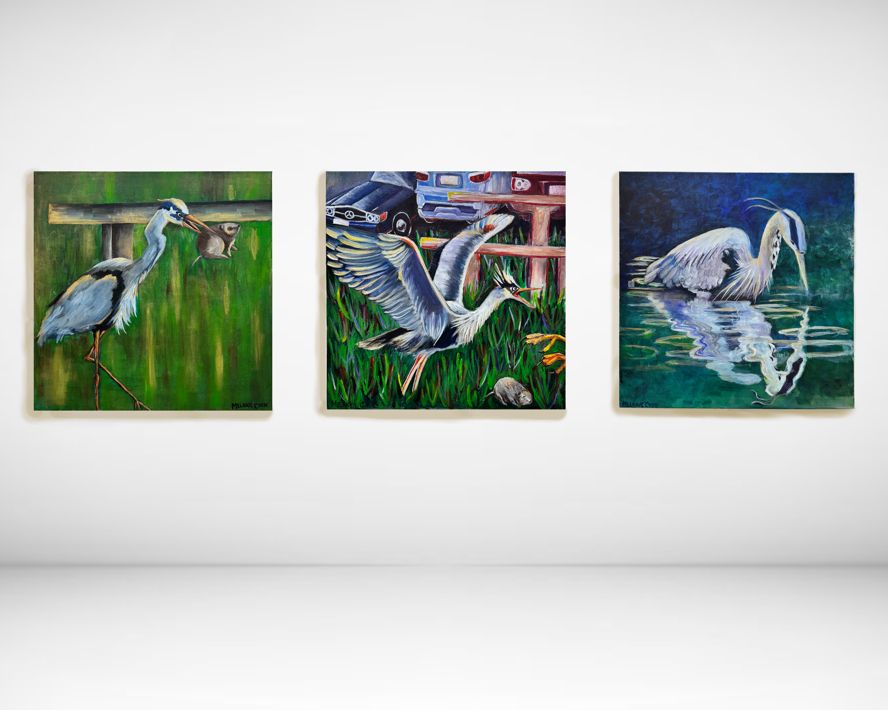 Big Bird Series: Feast, Attack, Remorse, 2025 — acrylic on canvas, by Melanie Chen